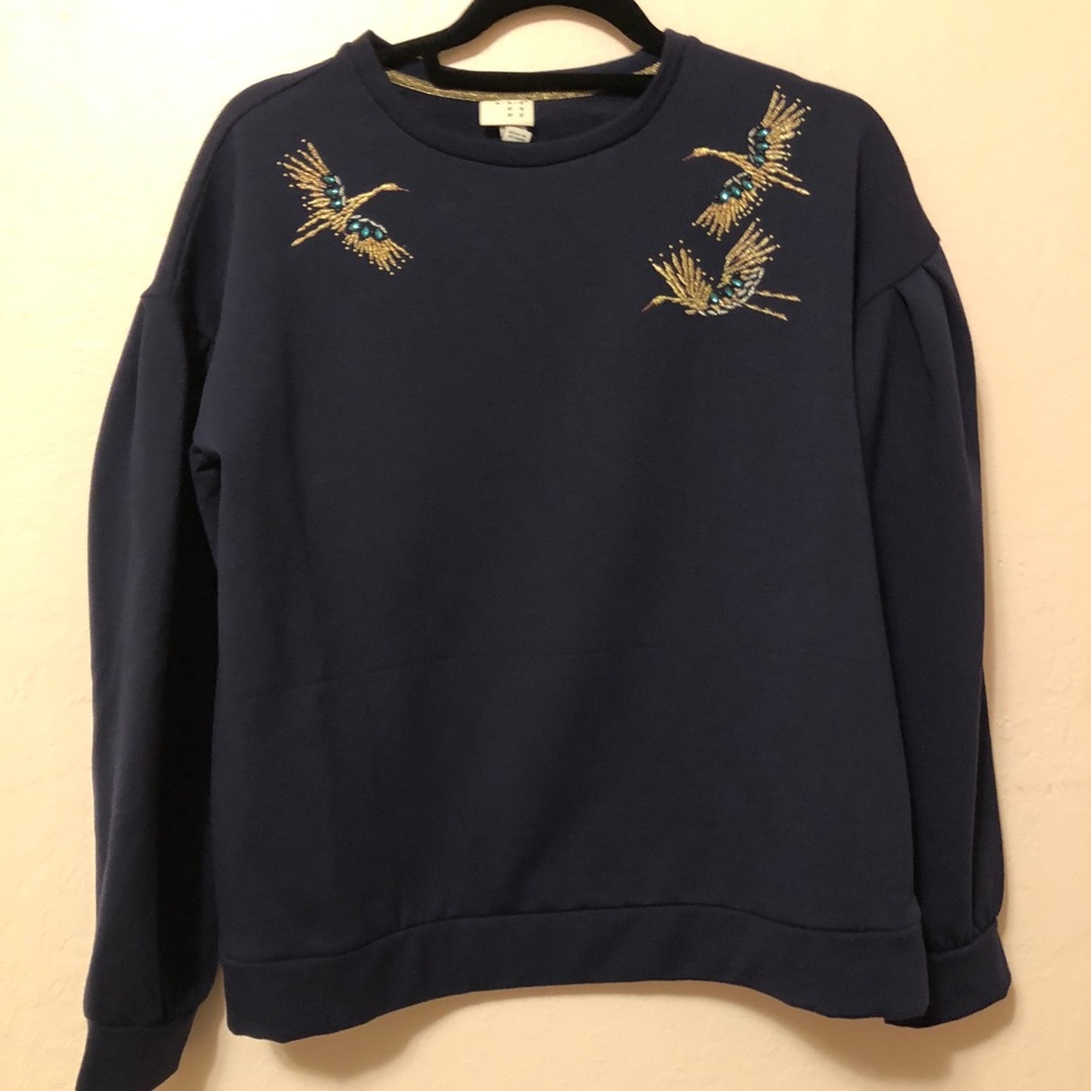 Navy Blue Jewelry Embroidered Sweater - Size: M
